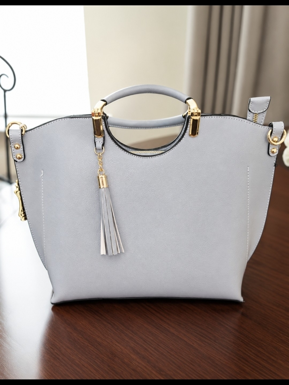 Alyssa Light Gray Faux Leather Satchel Handbag w/ Tassel Charm & Shoulder Strap